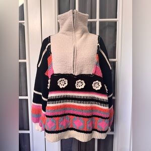 POL Oversized Boho Knit Sweater Half Zip Sherpa Collar Crochet Flowers | Medium